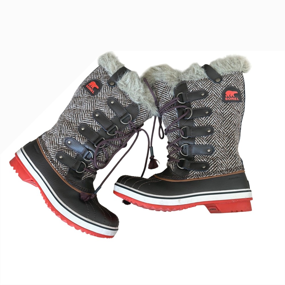 Sorel‎ Tofino Herringbone Waterproof Winter Boots Brown Red Faux Fur Womens 7